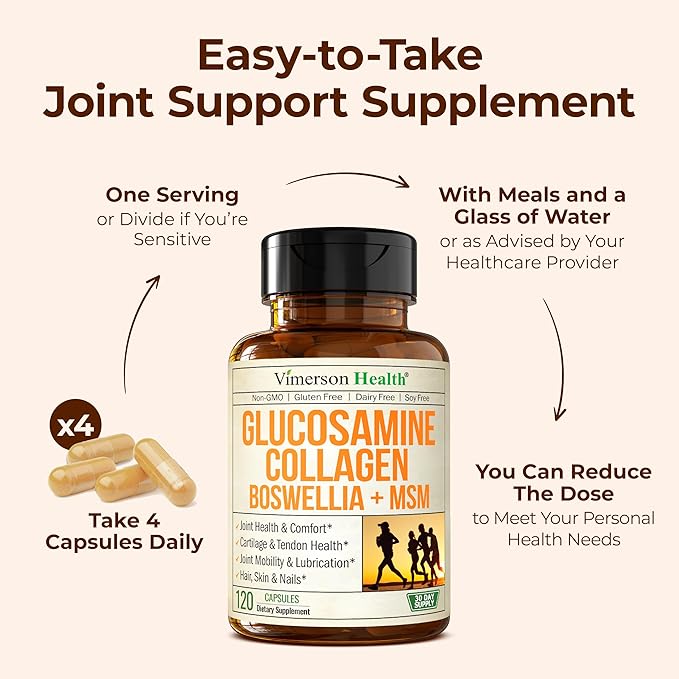 Glucosamine Chondroitin MSM with Hydrolyzed Collagen Peptides - Joint Support Supplement with Quercetin Bromelain &amp Boswellia Extract - Collagen pills for Hair Skin Nails - FSA Eligible 120 Caps