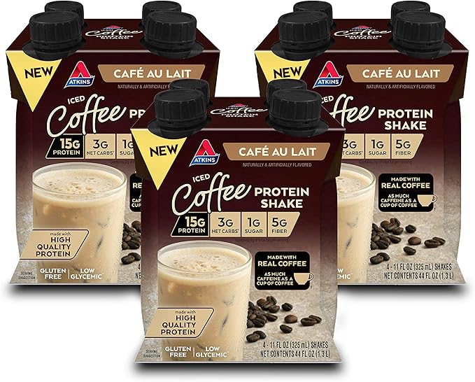 Atkins Energy Shake Creamy Caramel with Protein Gluten Free Keto-Friendly 4 Count(Pack of 3) and Atkins Café au Lait Iced Coffee Protein Shake 15g Protein Low Glycemic 3g Net Carb 1g Sugar Ket
