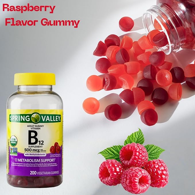 B12 500 mcg Spring Vallley Raspberry Flavor Gummy Vitamin B12 Gummies 200 ct (Pack of 1) + me Gusta Sticker