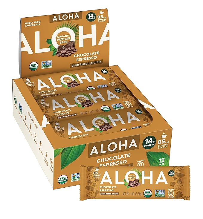 ALOHA Organic Plant Based Protein Bars - Chocolate Espresso (85mg Caffeine) - 12 Bars Vegan Low Sugar Gluten-Free Paleo Low Carb Non-GMO No Stevia No Erythritol