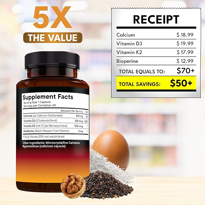 NEW AGE Vitamin D3 5000 IU + K2 MK-7 100 mcg - 2-in-1 Bone Immune &amp Heart Support Easy to Swallow Non-GMO - 120 Capsules