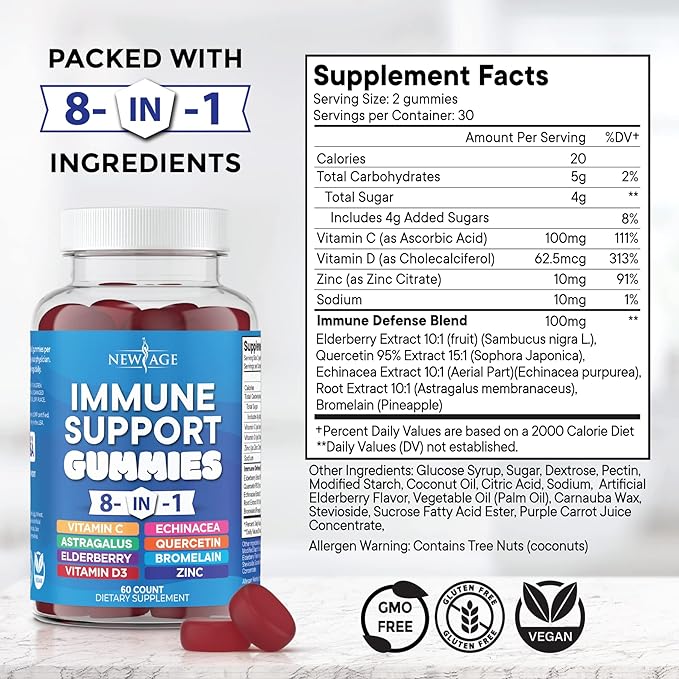 NEW AGE 8 in 1 Immune Support Booster Supplement with Astragalus Root Vitamin C and Zinc 50mg Vitamin D 5000 IU Quercetin &amp Bromelain (8 in 1 Gummies (Pack of 3))
