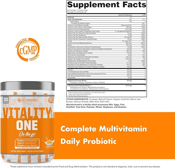 NutraOne VitalityOne On The Go Complete Multivitamin Probiotic and Enzyme Blend Orange Cream – 30 Servings