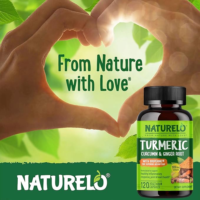 NATURELO Turmeric Curcumin - BioPerine for Better Absorption - Black Pepper Ginger Root Curcuminoids - Plant-Based Joint Discomfort Support - 120 Vegan Capsules