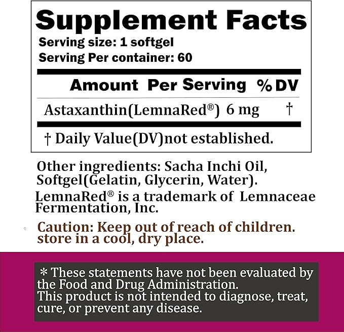 Free-Form Astaxanthin 6mg Softgel-60 Softgels Dietary Supplement Strongest Antioxidant Immune Supports Supports EyeJoint &amp Skin Health Formulated with Sacha Inchi Oil