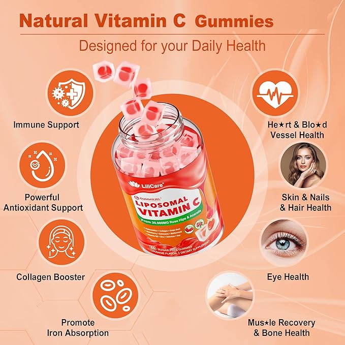 Natural Liposomal Vitamin C 1000mg Gummies for Adults &amp Kids 9+ Chewable Vitamin C w/ 11mg Zinc D3 Elderberry Echinacea  Bioflavonoid Immune Support Whole Food VIT C from Fruits Sugar Fre