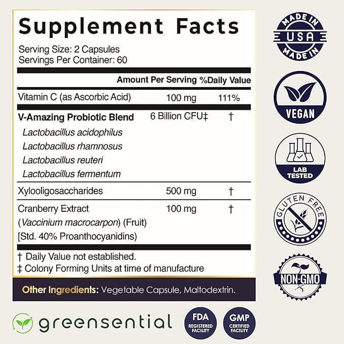 Vaginal Probiotics for Odor &amp pH Balance | 2-Month Supply | Supports Vaginal Flora Yeast Balance Feminine Health | with Prebiotics Vitamin C &amp Cranberry | Vegan 120 Count