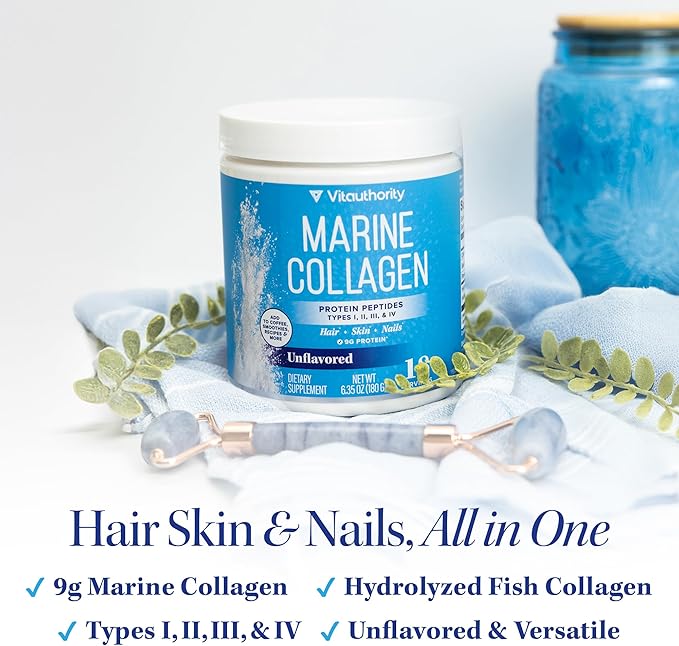Vitauthority Marine Collagen Peptides Powder Supplement | Hydrolyzed Fish Collagen Peptides | 10000mg per Scoop 9g Protein Skin Hair Nail Sustainably Sourced Whitefish | Unflavored 18 Servings