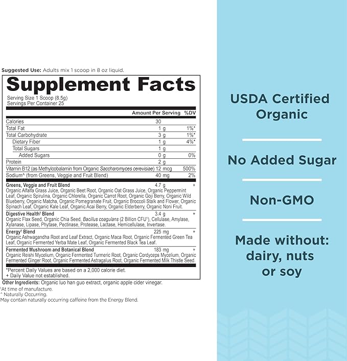Ancient Nutrition Organic SuperGreens Energizer Powder with Probiotics and B12 Made from Real Fruits Vegetables and Herbs for Digestive Detoxification and Energy Support 25 Servings