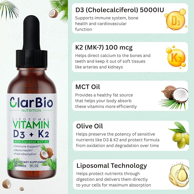 Liposomal Vitamin D3 K2 (MK-7) Liquid Drops with MCT and Olive Oil | Vitamin D3 5000iu | Bone &amp Heart Health | Immune &amp Joint Support Supplement | Maximum Absorption| Made in USA