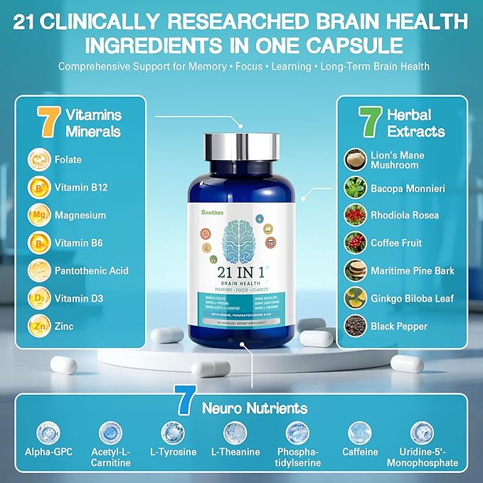 Brain Supplements for Memory and Focus 21-in-1 Brain Supplement for Mental Alertness Cognitive with 300mg Alpha-GPC 300mg Lion’s Mane L-Theanine Phosphatidylserine Vitamins B6 B12 90 Capsules