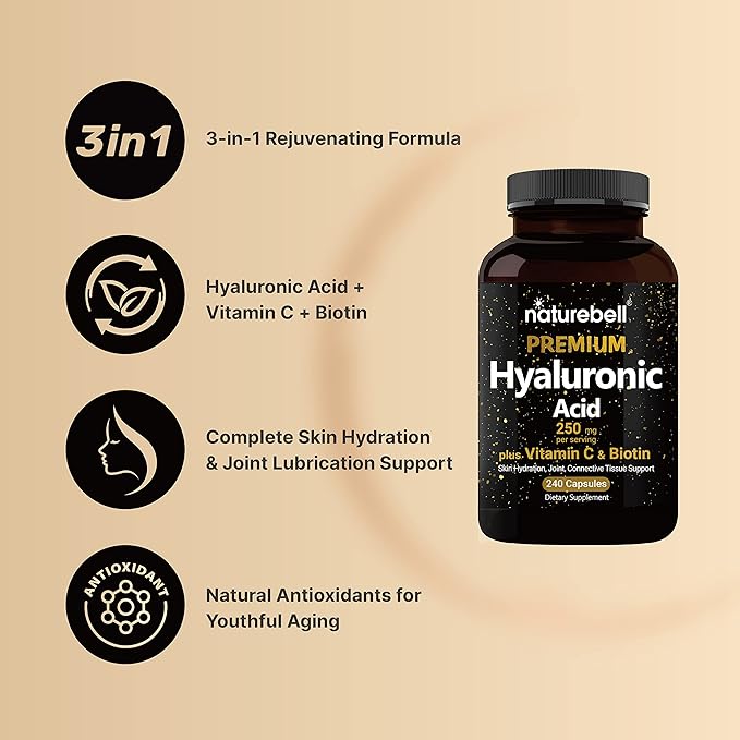 NatureBell 2 Pack Plant Based Hyaluronic Acid Supplements 250mg with 25mg Vitamin C &amp Biotin 5000mcg 480 Total Capsules | Essential for Hair Growth Joint Support &amp Hydrating Skin | Non-GMO