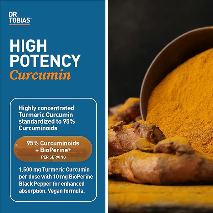 Dr. Tobias Turmeric Curcumin 1500mg with BioPerine – Extra Strength Supplement with 95% Curcuminoids for Joint Support Overall Vitality &amp Immune Health 120 Vegan Capsules Non-GMO