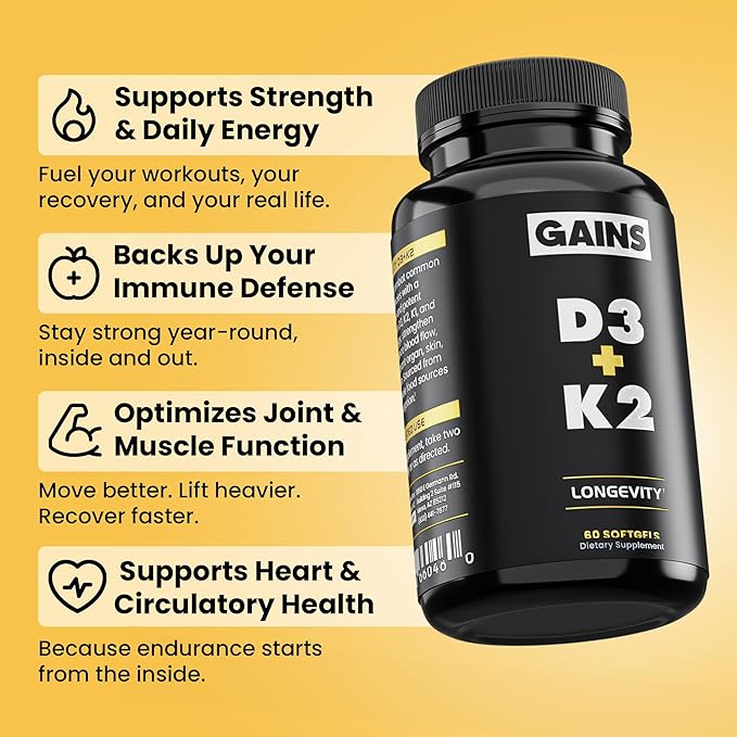 Gains in Bulk D3 K2 Supplement Vitamin D3 5000 IU Vitamin K2 100 Mcg Vitamin A 5000 IU Algae Oil with Omega 3 Wellness Support for Men &amp Women Gluten Free Vegan Non GMO 60 Softgels