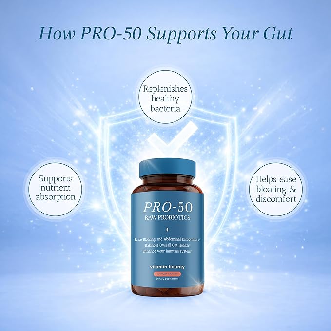Vitamin Bounty Pro-50 Probiotics 50 Billion CFU for Women &amp Men - 13 Multi Strain Probiotic + Prebiotic - Digestive Health Supplements for Gut Health Support - Delayed Release Capsules for Men &am