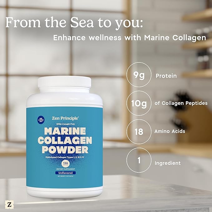 Zen Principle Marine Collagen Peptides Powder 3 lb. Wild-Caught Fish Non-GMO. Supports Healthy Skin Hair Joints and Bones.Hydrolyzed Types I II III and IV Protein. Amino Acids. Easy to Mix.