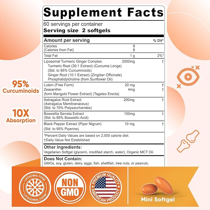 Liposomal Turmeric and Ginger Supplement Pills w/Lutein Zeaxanthin Softgels Organic Turmeric Curcumin with Black Pepper 2000mg Gel Capsules 95% Curcuminoids Superior Absorption Non-GMO 120ct