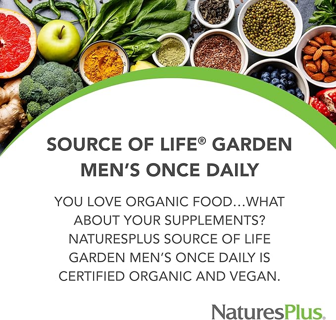 NaturesPlus Source of Life Garden Men’s Once Daily Multivitamin - 30 Tablets - Supports Energy &amp Stamina - USDA Certified Organic Non-GMO Vegan Gluten Free Iron Free - 30 Servings