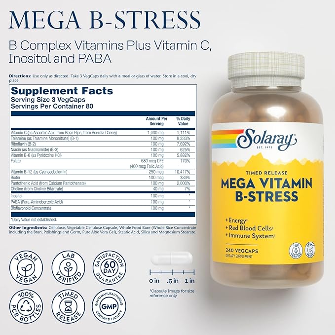 SOLARAY Mega Vitamin B-Stress - Timed Release Vitamin B Complex w/Vitamin B12 B6 Folic Acid VIT. C - Stress Energy Red Blood Cell Immune Support - Vegan 60-Day Guarantee (240 CT)