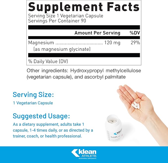Klean ATHLETE Klean Magnesium | Supports Ability to Produce and Utilize Energy (ATP) Contract and Relax Muscles and Improves Recovery Time* | NSF Certified for Sport | 90 Vegetarian Capsules
