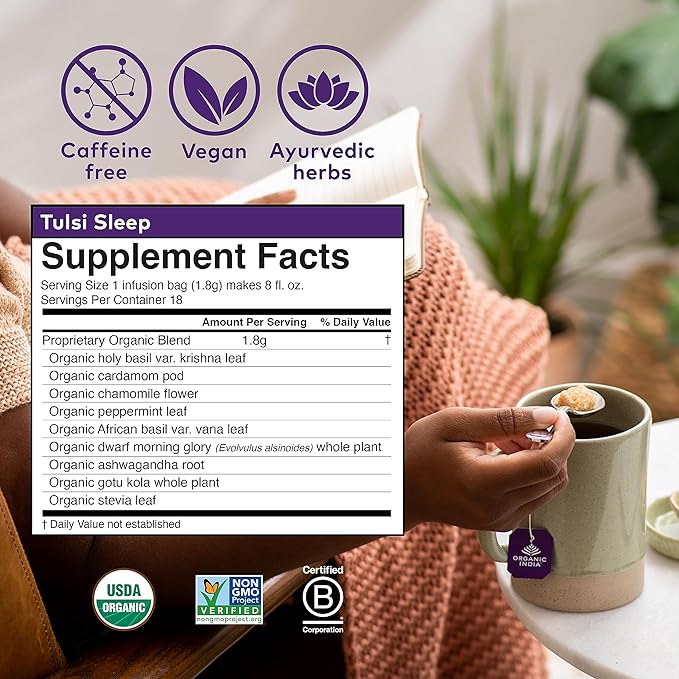 ORGANIC INDIA Tulsi Sleep Herbal Tea - Holy Basil Ashwagandha Chamomile Night Time Tea for Bedtime Stress Relieving &amp Relaxing Immune Support USDA Certified Organic - 18 Infusion Bags 3 Pac
