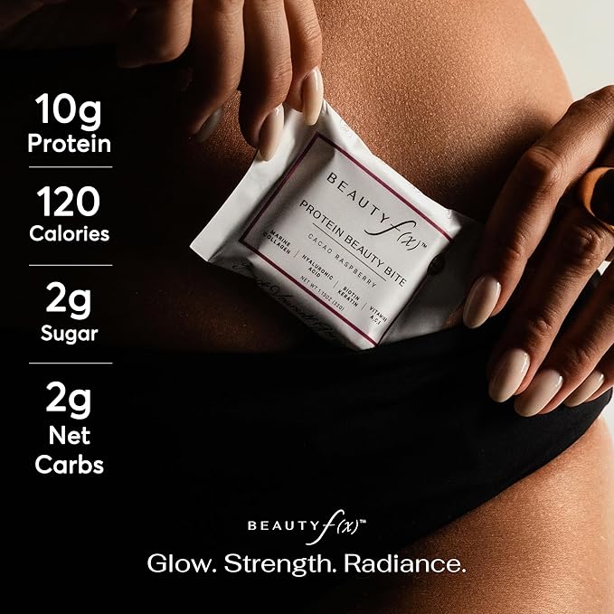 Beauty f(x) Protein Beauty Bites - Collagen Bars – Cacao Raspberry Collagen Protein Bars for Women – 10g Protein 120 Calories No Added Sugar – Supports Skin Hair and Nails