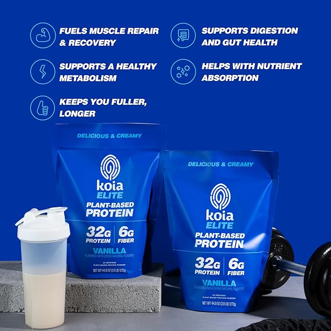 Koia Plant Based Protein Elite Powder Vanilla 32g Protein 4g Sugar 6g Prebiotic Fiber Pre &amp Post Workout 21 Vitamins &amp Minerals Dairy-Free Gluten-Free Non-GMO 24 Servings 44.8 Oz