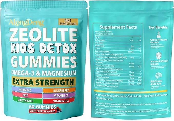 ALongDeng Zeolite Kids Gummies 9-in-1 with Zeolite Magnesium Elderberry Vitamin C Vitamin D3 Zinc B12... – Sugar-Free (60 Gummies – Mixed Berry Flavor)
