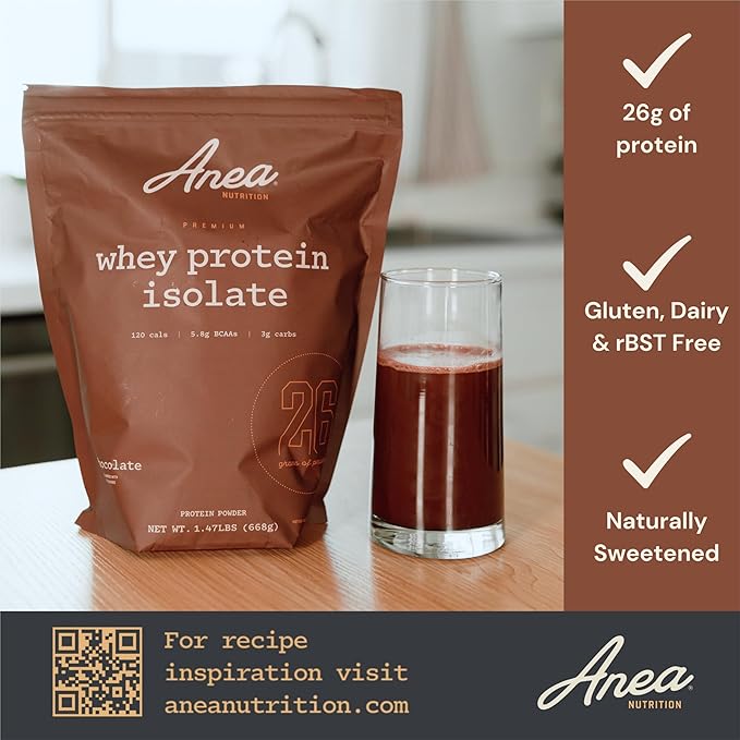Anea Whey Protein Isolate - Chocolate | 26g Protein | 5.8g BCAAs | Low Carb 3g Carbs | Complete Amino Acids | Gluten-Free Soy-Free | Lean Muscle &amp Recovery | Made in GMP Facility