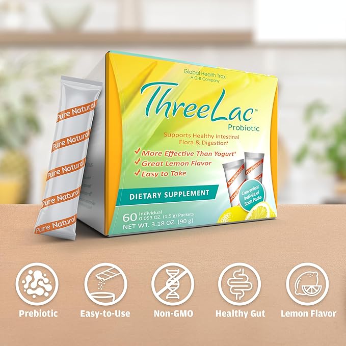 Global Health Trax GHT - ThreeLac Lemon Probiotic Drink Mix for Digestive Health - Advanced Probiotic Powder Formula for Men Women &amp Kids - Immune Support &amp Gut Balance Non-GMO - 60 Packets