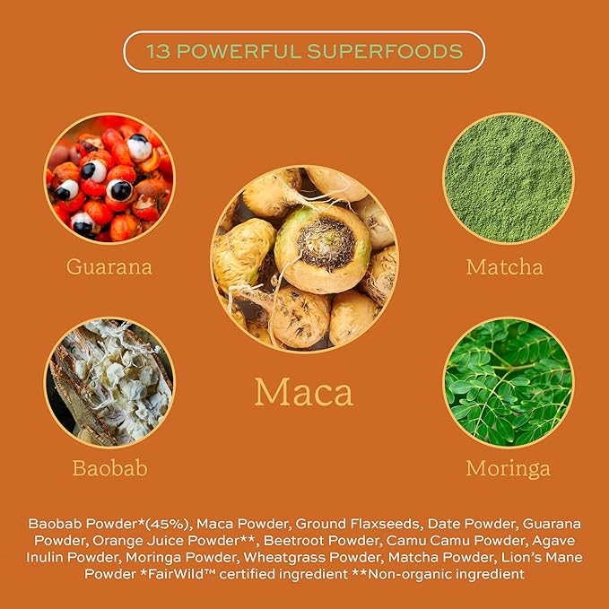 Aduna Organic Energy Superfood Blend | 100% Natural Stir-in Blend With 10+ Superfoods for Natural Energy Focus &amp Reduced Tiredness | Vegan Powder for Yogurt Juices &amp Smoothies | 250g