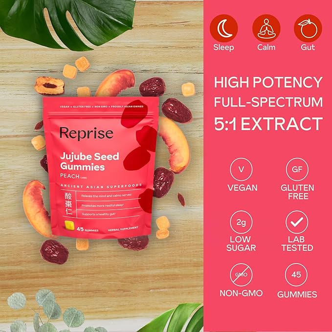 Reprise Jujube Seeds in Daily Gummies 300 mg Full-Spectrum Jujube Seeds Supports Relaxation &amp Restful Sleep 100% Plant Based Vegan &amp Gelatin Free Peach Flavored 45 Gummies