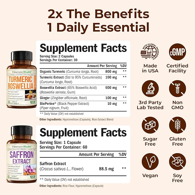 Boswellia Turmeric Curcumin Supplement + Pure Saffron Supplements for Women &amp Men Bundle – Supports Joint Health Mood &amp Calm Eye Health – with Ginger Root Organic Turmeric Powder Saffron E