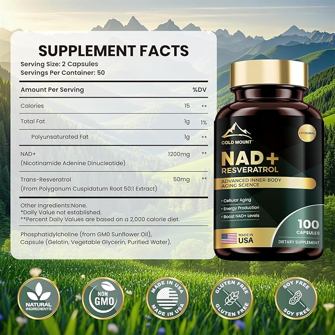 Liposomal NAD+ Supplement 1200mg with Trans Resveratrol - Boost NAD+ Levels Energy &amp Anti-Aging Support - Vegan 100 Capsules