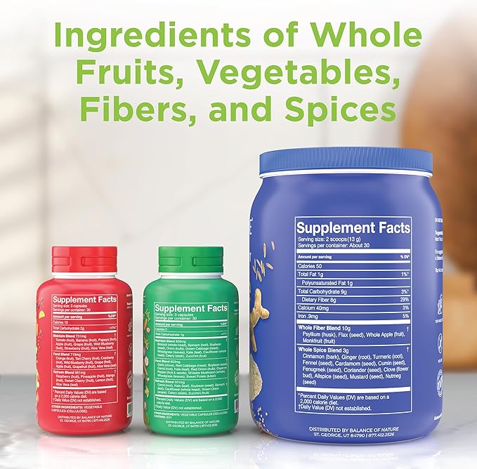 Balance of Nature Whole Health System - Whole Food Fruits &amp Veggies and Fiber &amp Spice Supplements - 30 Servings Each