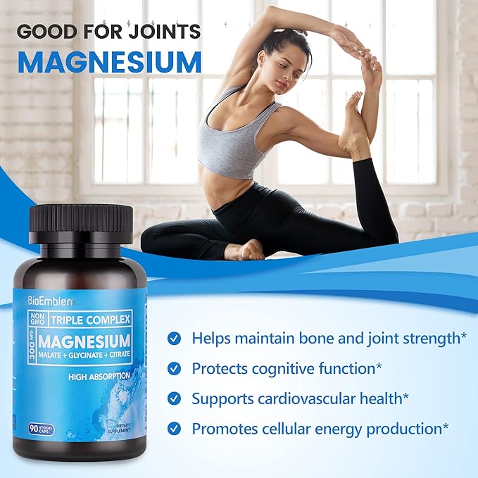 BioEmblem High Absorption Triple Magnesium Complex 300mg | Magnesium Glycinate for Nerves Malate for Energy Supplement to Support Muscle Health | Vegan Non-GMO 270 Capsules