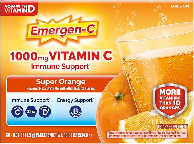 Emergen-C 1000mg Vitamin C Powder for Daily Immune Support Caffeine Free Vitamin C Supplements with Zinc and Manganese B Vitamins and Electrolytes Super Orange Flavor - 60 Count/2 Month Supply