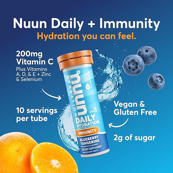 Nuun Immunity Electrolyte Tablets with Vitamin D C E &amp A Ginger Elderberry Magnesium &amp 4 Other Essential Electrolytes Vegan Blueberry Tangerine &amp Orange Citrus 4 Pack (40 Servings