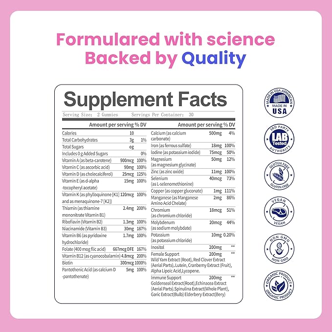 All-in-One Women's Multivitamin Gummies with Complete Vitamin &amp Mineral Complex Herbal Blends for Energy Overall Health High Potency Hair Skin and Nails Vitamins Strawberry Flavor 2 Pack