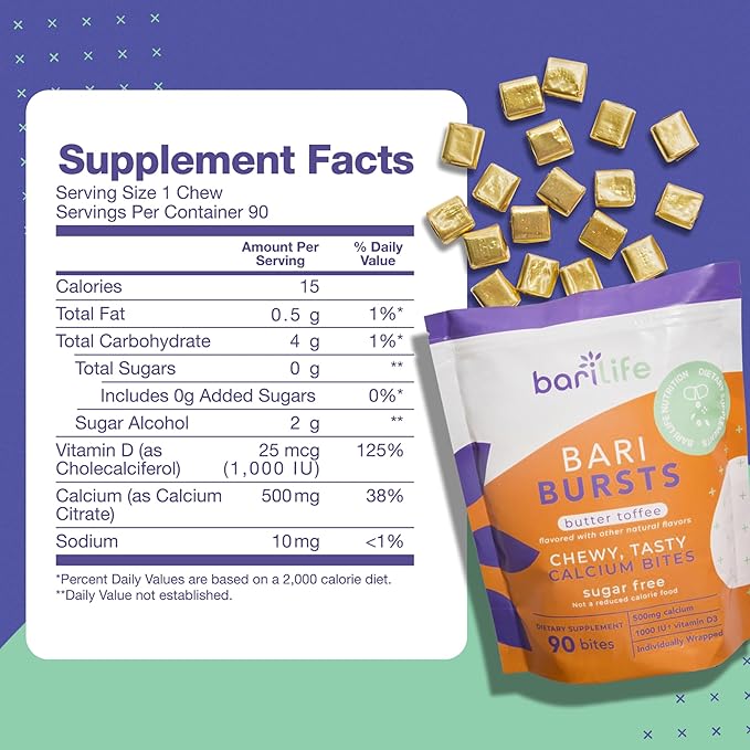 Bari Life Just One Once Daily Bariatric Multivitamin with Iron (90 Tablets) and BariBurst Calcium Citrate Soft Chews for Gastric Bypass Gastric Sleeve and Duodenal Switch (Butter Toffee)