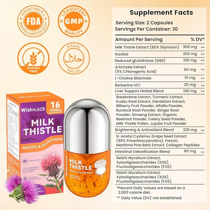 Liver Cleanse Detox for Women: Milk Thistle with Dandelion for Liver Support Inositol &amp Glutathione for Antioxidant Metabolic Health Non-GMO 60 Capsules