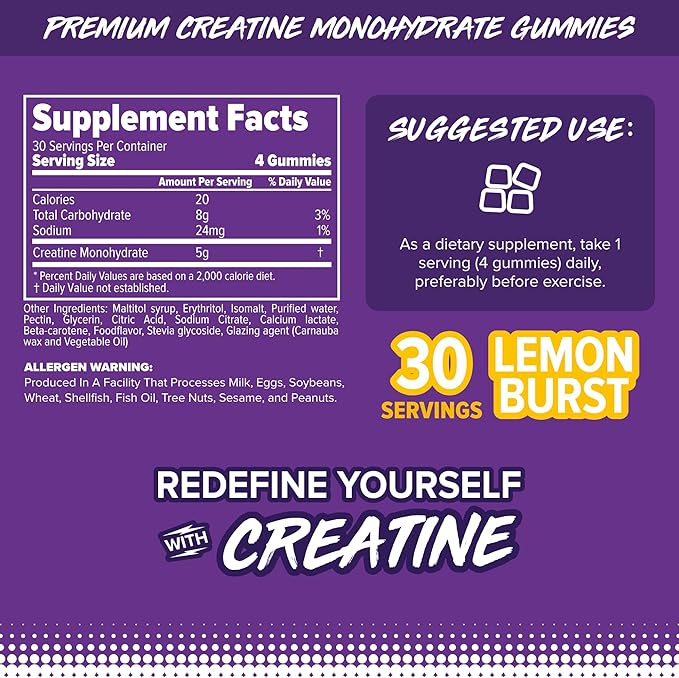 FINAFLEX Creatine Gummies - 120 Gummies - Lemon Burst Flavor - Promotes Muscular Strength Size &amp Performance - 5g of Creatine Monohydrate Per Serving - 30 Servings