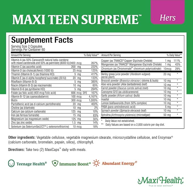 Maxi Health Teen Vitamins for Girls 12-17 + Women’s Daily Multivitamin Bundle with D3 Iron Calcium Biotin Digestive Enzymes &amp Essential Vitamins – Energy Immune Mood &amp Gut Health Support