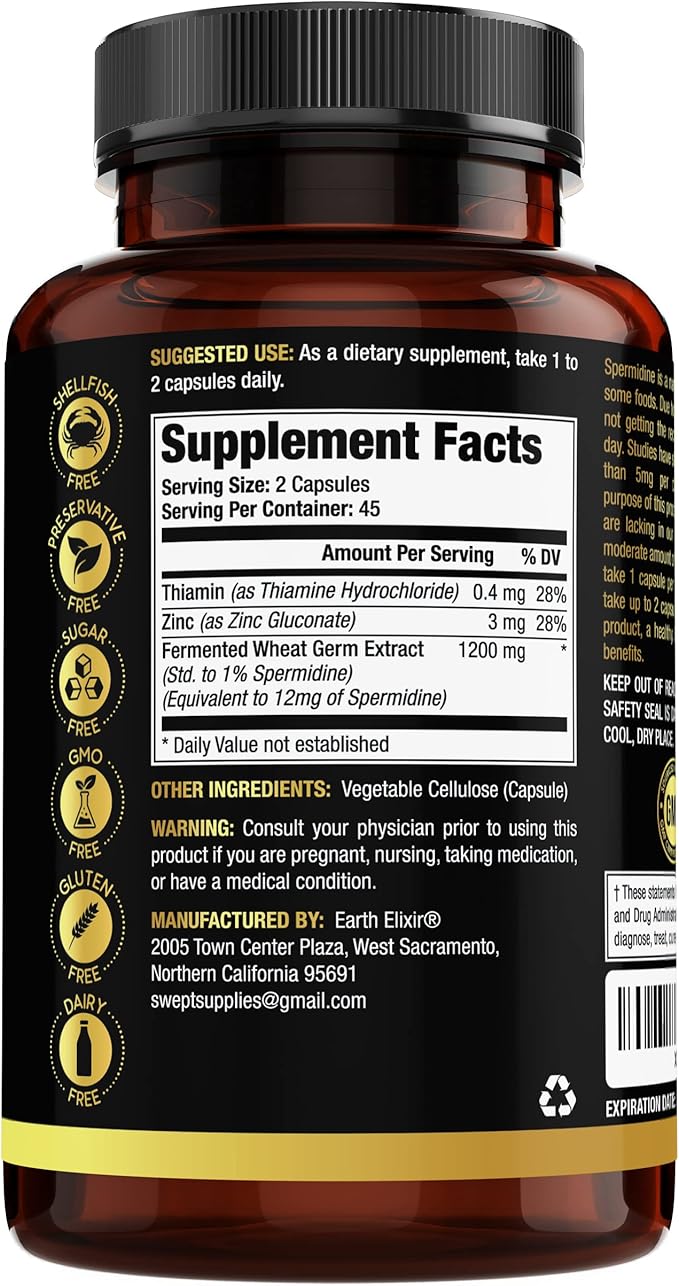 Earth Elixir Spermidine Supplements 1200mg (90 Capsules) – Anti Aging - 3rd Party Tested (12mg Spermidine Powder) Max Purity - 100% Pure Espermidina- Fermented Wheat Germ Extract - NMN Alternative
