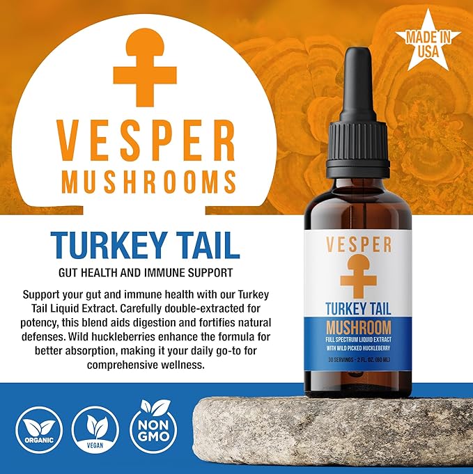 Vesper Turkey Tail Mushroom Liquid Extract - Double Extraction with Wild Huckleberries for Gut Health Immune Boost Prebiotic Benefits USA-Grown for Digestive &amp Immune Wellness – 2oz
