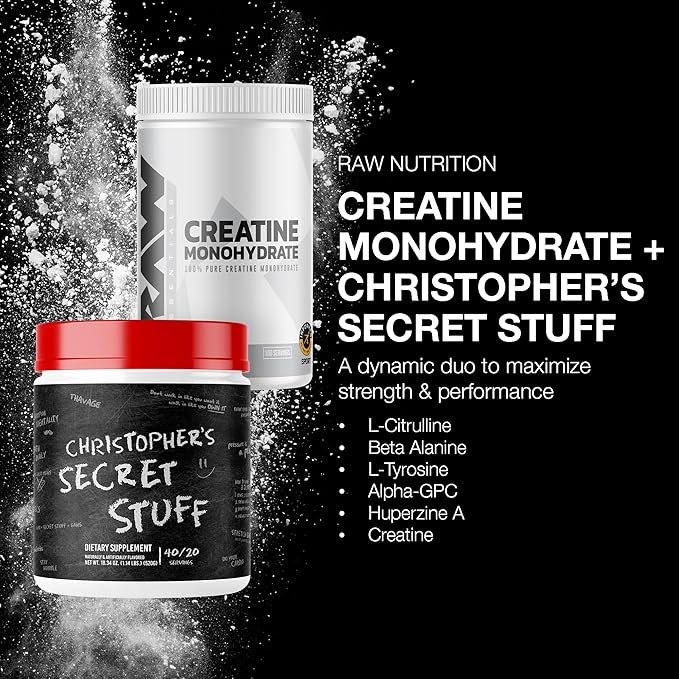 RAW Nutrition Creatine Monohydrate &amp Thavage (Tastes Like Winning) Pre-Workout Powder Bundle