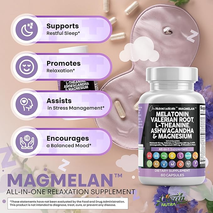 Clean Nutraceuticals Melatonin 10mg Valerian Root L Theanine 200mg Ashwagandha - Sleep Support for Women &amp Men with Magnesium Complex Lemon Balm Chamomile &amp Passion Flower - 60 Caps (Pack o