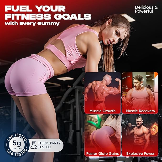 Creatine Monohydrate Gummies 5000mg – 5g per Serving – Sugar Free Vegan Creatine Supplement for Men &amp Women – Muscle Growth Strength Recovery &amp Energy – 120 Count (Strawberry)