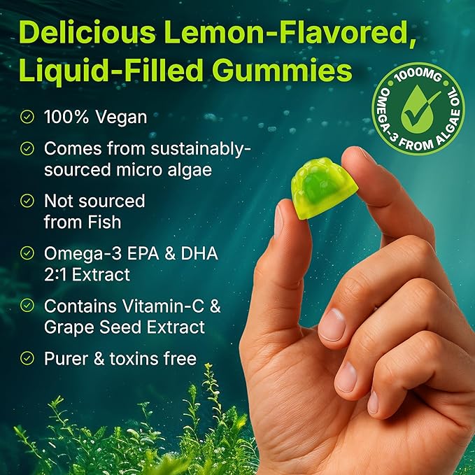 Marine Algae Omega 3 Gummies with 3400mg+ | DHA/EPA/ALA 20:1 Grape Seed Extract Vitamin C &amp Folate | Heart Brain &amp Skin | Plant-Based Sugar-Free 60 Ct