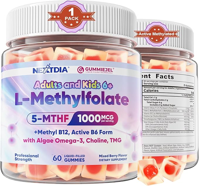 L-Methylfolate 1000 mcg + Methyl B12 Gummies for Kids &amp Adults - Active 5-MTHF w/Omega-3 DHA &amp EPA(3:1) Choline &amp TMG B6 Supports MTHFR Gene Brain Energy &amp Methylation Sugar fre